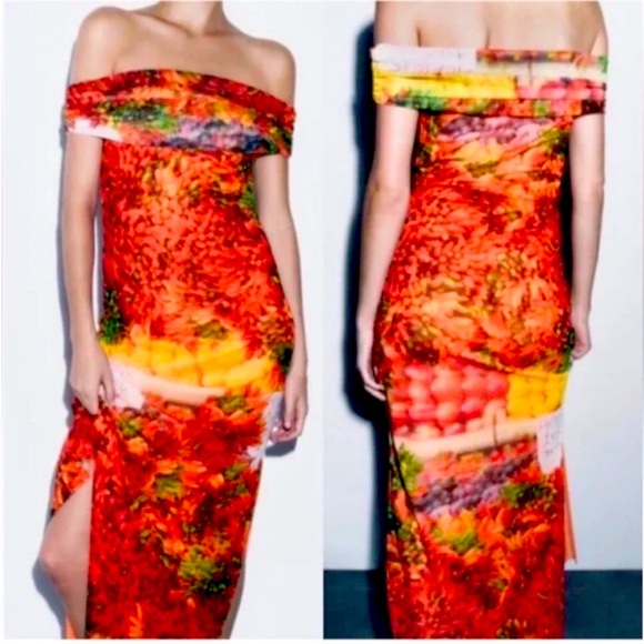 Zara Strapless Red and Orange Dress size S - Picture 1 of 9